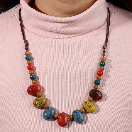 Ethnic Style Oval Porcelain Beaded Bib Necklaces with Imitation Leather Cord FS-WGD6870-02-1