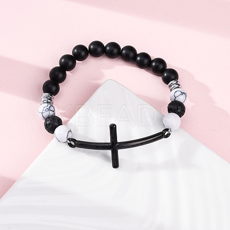 Round Natural Black Agate & Lava Rock & Synthetic Howlite Bead Stretch Bracelets BJEW-F493-04EB-01-1