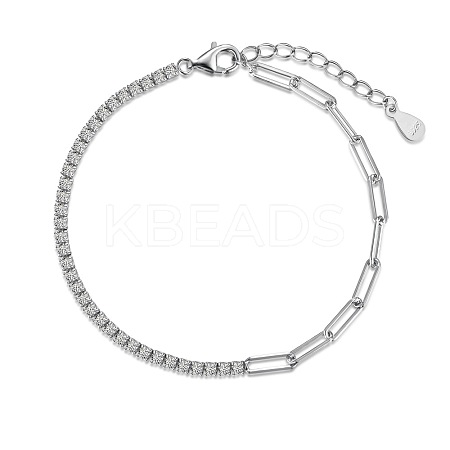 Rhodium Plated 925 Sterling Silver Pave Clear Cubic Zirconia Paperclip Chain Bracelets for Women BJEW-Q346-01P-1