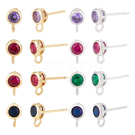 BENECREAT 8 Pairs 8 Color Brass Micro Pave Cubic Zirconia Stud Earring Findings KK-BC0011-48-1