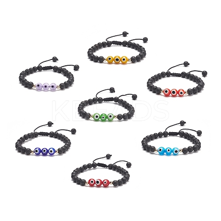 7Pcs 7 Color Natural Lava Rock & Lampwork Evil Eye Braided Bead Bracelets Set BJEW-JB08865-1
