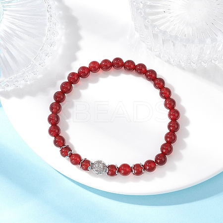 Natural Carnelian(Dyed & Heated) & Brass Round Beaded Stretch Bracelets for Women BJEW-JB12266-02-1