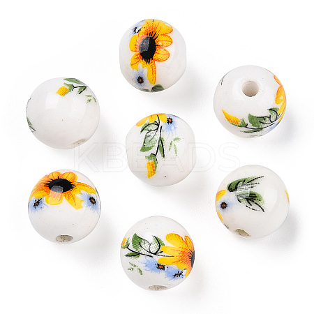 Floral Printed Porcelain Beads PORC-E021-01D-1