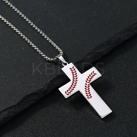 201 Stainless Steel Wheat Cross Pendant Box Chain Necklaces for Women Men NJEW-B124-01P-1