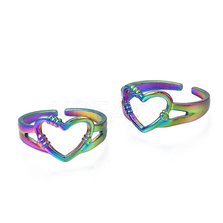 304 Stainless Steel Hollow Heart Cuff Ring RJEW-N038-053-1
