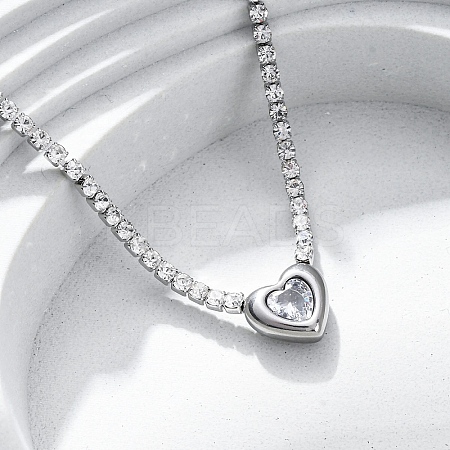 304 Stainless Steel Clear Cubic Zirconia Heart Pendant Necklaces for Women NJEW-Z044-15P-02-1