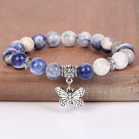 8MM Round Natural Sodalite Beaded Stretch Bracelets with Alloy Butterfly Charms FQ7211-17-1