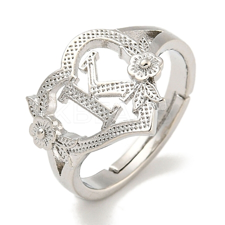 Heart with Letter & Flower Rack Plating Brass Adjustable Rings for Women RJEW-I105-05P-K-1