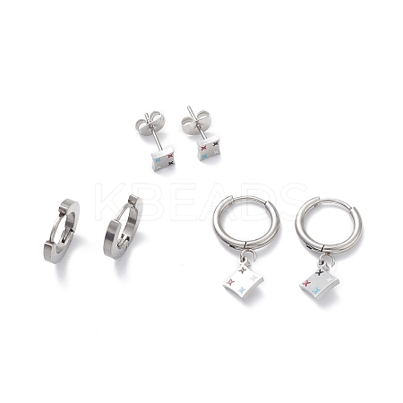 3 Pairs 3 Style Enamel Rhombus with Star Dangle Hoop Earrings EJEW-B020-10P-1