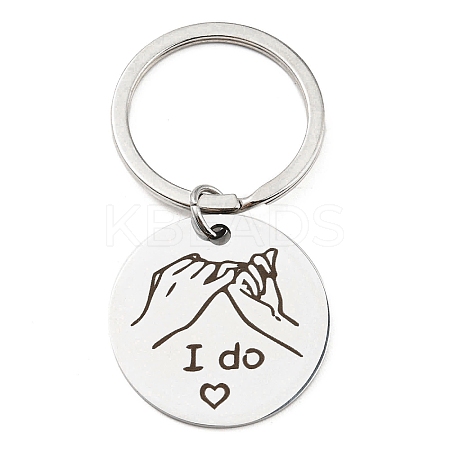 Non-Tarnish Valentine's Day Theme 304 Stainless Steel Flat Round with Word I Do Pendant Keychain LS-KEYC-K018-01P-02-1