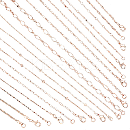 10Pcs 10 Styles Brass Paperclip & Cable & Box & Satellite & Bar Link Chain Necklaces Set MAK-PH0004-33RG-1