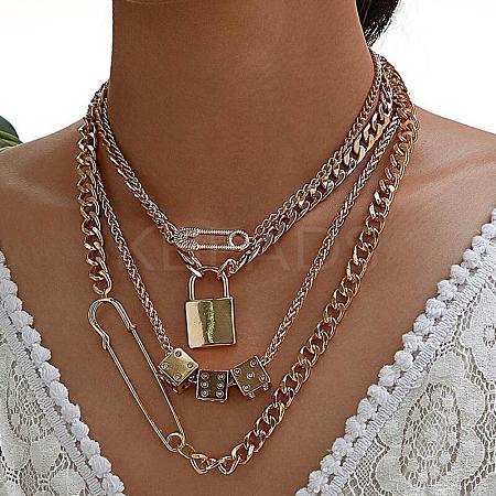 Alloy Lock Pendant Safety Pin Dice Chain Multi-Layered Necklaces FS-WG7F0DA-08-1