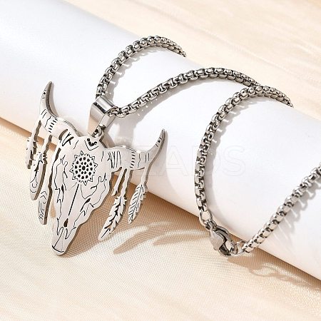 Punk Style 201 Stainless Steel Laser Cut Cattle Head Pendant Box Chain Necklaces for Women Men NJEW-E156-04P-1