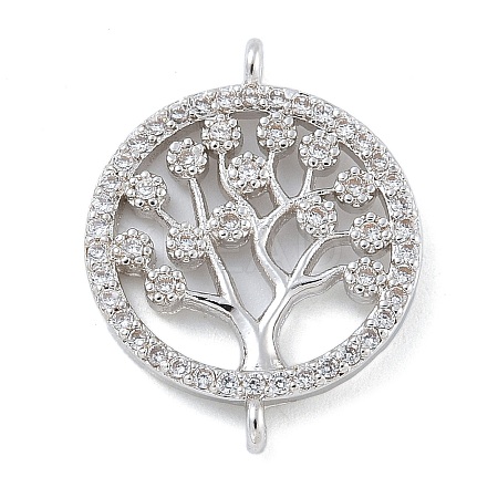Rack Plating Brass Clear Cubic Zirconia Flat Round with Tree Connector Charms KK-A234-032P-1