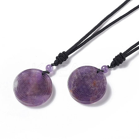 Natural Amethyst Flat Round with Flower of Life Pendant Necklace with Nylon Cord for Women NJEW-P274-02-02-1