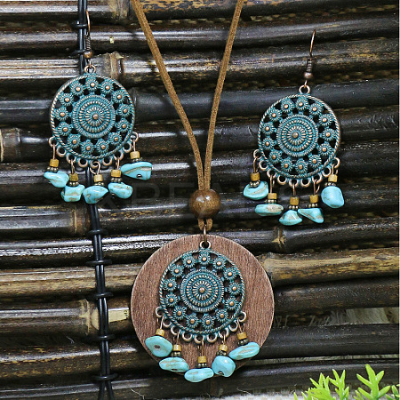 Bohemian Alloy Enamel & Wood Pendant Necklaces & Dangle Earrings Sets WG0DDDA-05-1