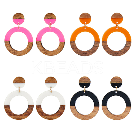 3 Pairs 3 Colors Resin & Wooden Donut Dangle Stud Earrings with 316 Surgical Stainless Steel Pins EJEW-FI0002-47-1