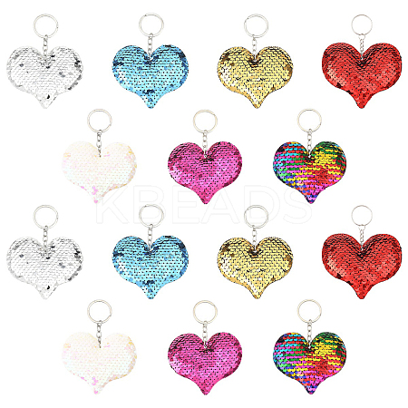 14Pcs 7 Colors PVC Reflective Sequin Heart Pendant Keychain KEYC-YW0001-27-1