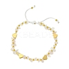 Natural Rose Quartz Chip & Heart Brass Braided Bead Bracelets BJEW-JB10592-1