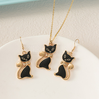 Cat Shape Zinc Alloy Enamel Pendant Necklaces & Dangle Earrings Sets FS-WG2319B-01-1