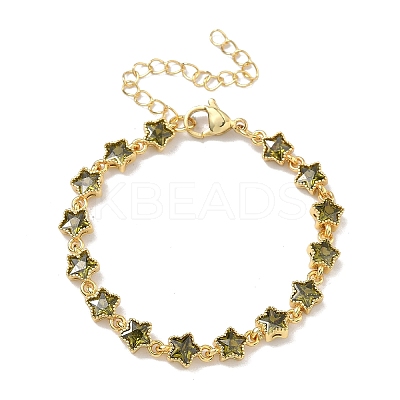 Star Brass Pave Cubic Zirconia Link Chain Bracelets for Women BJEW-P385-03G-06-1
