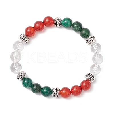 Natural Fuchsite & Carnelian & Quartz Crystal Round Beaded Stretch Bracelets for Men Women BJEW-TA00661-1