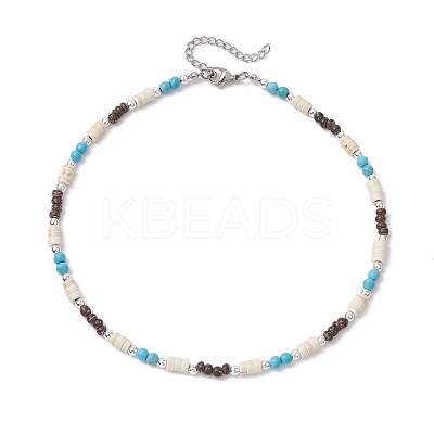 Summer Beach Synthetic Turquoise & Natural Coconut Round Heishi Beaded Necklaces NJEW-JN05211-1