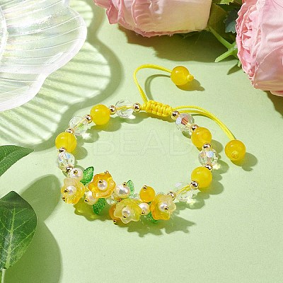 Flower Glass & Acrylic Braided Bead Adjustable Bracelets for Women BJEW-JB10446-04-1