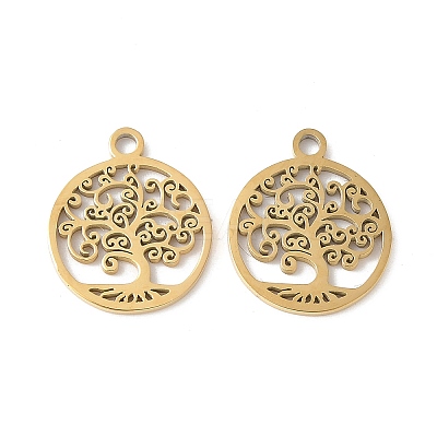 304 Stainless Steel Flat Round with Laser Cut Tree of Life Charms STAS-L022-512G-1