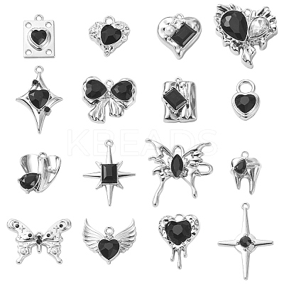 16Pcs 16 Style Rack Plating Alloy with Black Glass Pendants FIND-YW0003-32-1