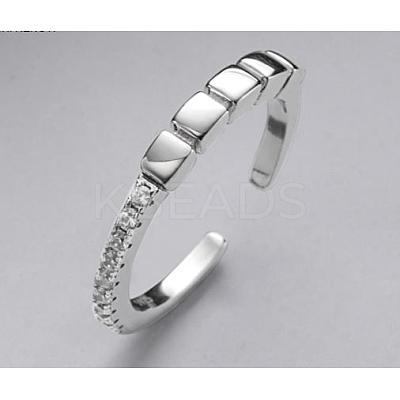 Anti-Tarnish Rhodium Plated 925 Sterling Silver Rectangle Open Cuff Ring with Crystal Rhinestone JR970A-1