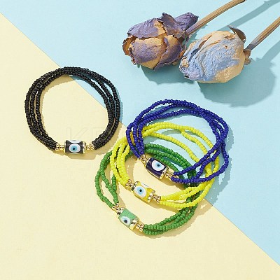 4Pcs 4 Color Glass Seed Triple Layer Stretch Bracelets Set with Lampwork Evil Eye Lampwork Beaded BJEW-TA00286-1