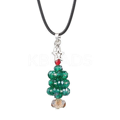 2Pcs 2 Styles Electroplate Glass Beaded Dark Cyan Christmas Tree & Alloy Star Pendant Black Waxed Cotton Cord Necklaces NJEW-MZ00123-1