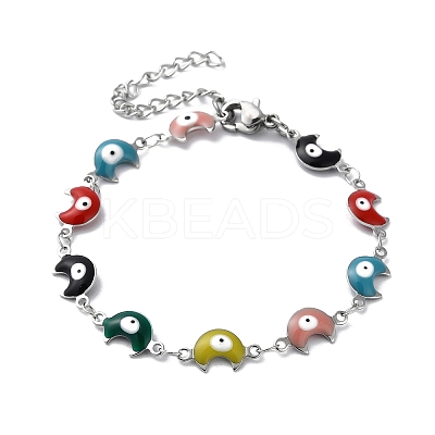 Moon with Evil Eye Enamel Link Chain Bracelet BJEW-G683-01P-01-1