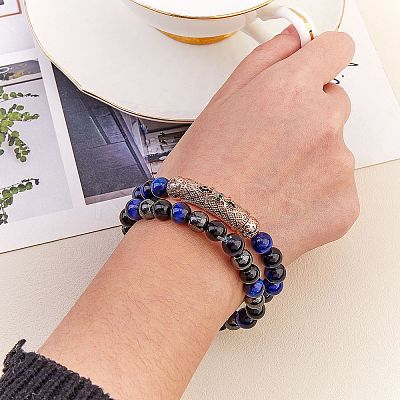2Pcs 2 Style Dyed & Heated Natural Tiger Eye & Gemstone Stretch Bracelets Set BJEW-SW00090-1