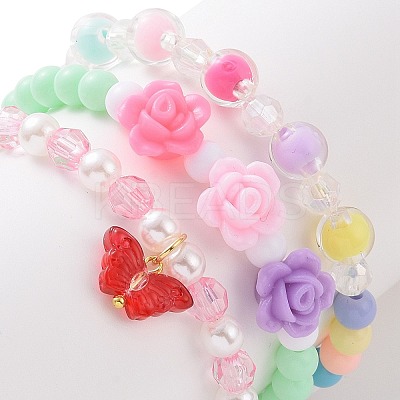3Pcs 3 Style Acrylic Flower & Imitation Pearl Beaded Stretch Bracelets Set BJEW-JB09105-1