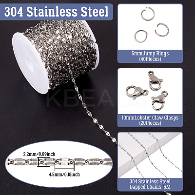 1 Roll 304 Stainless Steel Dapped Chains with 20Pcs 304 Stainless Steel Lobster Claw Clasps with 40Pcs 304 Stainless Steel Open Jump Rings CHS-TA0001-52-1