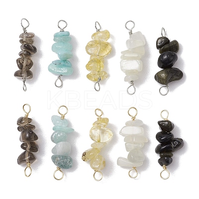 10Pcs 5 Styles Constellation Natural Smoky Quartz & Rose Quartz & Golden Sheen Obsidian & White Moonstone & Aquamarine Copper Wire Wrapped Chip Beaded Connector Charms PALLOY-JF02905-12-1
