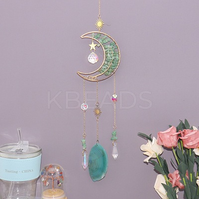 Copper Wire Wrapped Natural Green Aventurine Chips Moon Suncatcher HJEW-H065-04G-04-1