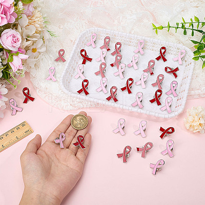 40Pcs 2 Colors AIDS/Breast Cancer Awareness Ribbon Enamel Pins JEWB-ME0001-23-1