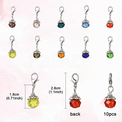 10Pcs 10 Colors Teardrop Glass & Alloy Pendant Decoration HJEW-YW00037-1