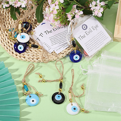 Handmade Flat Round with Evil Eye Glass & Wood Pendant Decorations HJEW-CA00092-1