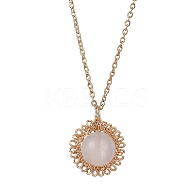 Natural Rose Quartz Copper Wire Wrapped Flower Pendant 304 Stainless Steel Cable Chain Necklaces for Women NJEW-JN05616-02-1