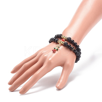 2Pcs 2 Style Style Natural Lava Rock & Golden Sheen Obsidian & Synthetic Hematite Stretch Bracelets Set BJEW-JB08734-1