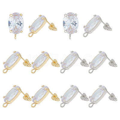 6 Pairs 2 Color Brass Micro Pave Clear Cubic Zirconia Stud Earring Findings KK-HY0001-76-1