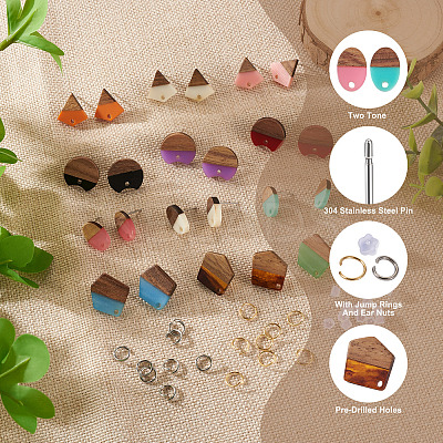DIY 12 Pairs 12 Style Two Tone Resin & Walnut Wood Stud Earring Findings DIY-CW0001-35-1