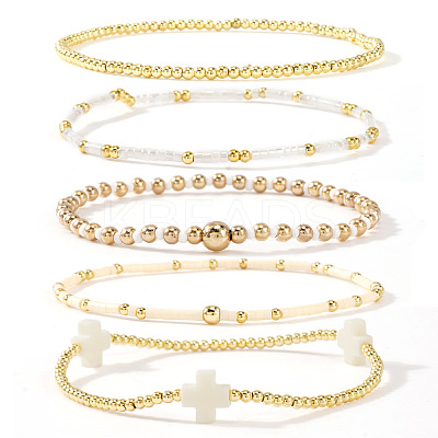 5Pcs 5 Styles Brass & Resin Beads Stretch Bracelets FP8271-3-1
