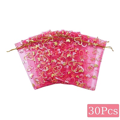 30Pcs Heart Printed Organza Drawstring Bags OP-YW0001-02C-1