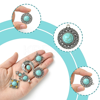 12Pcs 6 Styles Tibetan Style Alloy Pave Imitation Turquoise Pendants FIND-FS0002-81-1