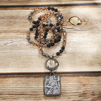 Rectangle & Flat Round Bohemian Style Natural Picasso Jasper with Glass Pendant Necklaces FS-WGEA5B3-02-1
